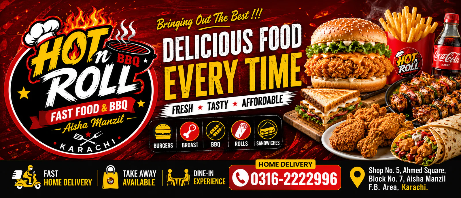 Hot n Roll Fast Food & BBQ (Aisha Manzil) banner - order online in Federal B Area Block 8, Karachi