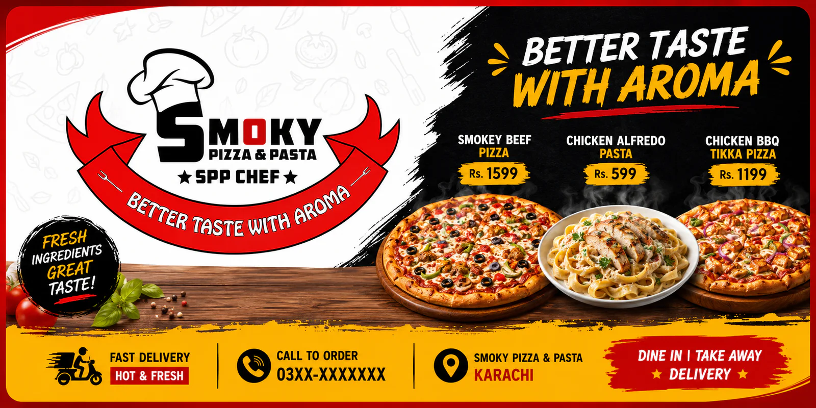 Smoky Pizza And Pasta banner - order online in Gulzar-e-Hijri Scheme 33, Karachi