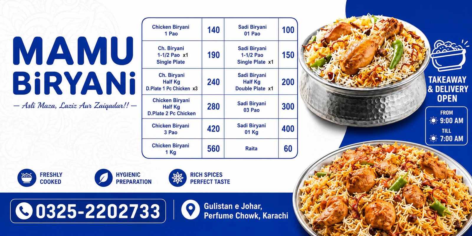 MAMU BIRYANI (Perfume Chowk) banner - order online in Gulistan-e-Johar Block 17, Karachi